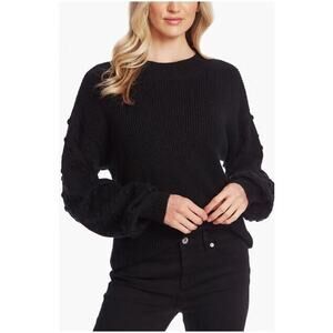 CeCe Women's Puff Sleeve Bobble Ribbed Sweater in Rich Black Medium MSRP $89